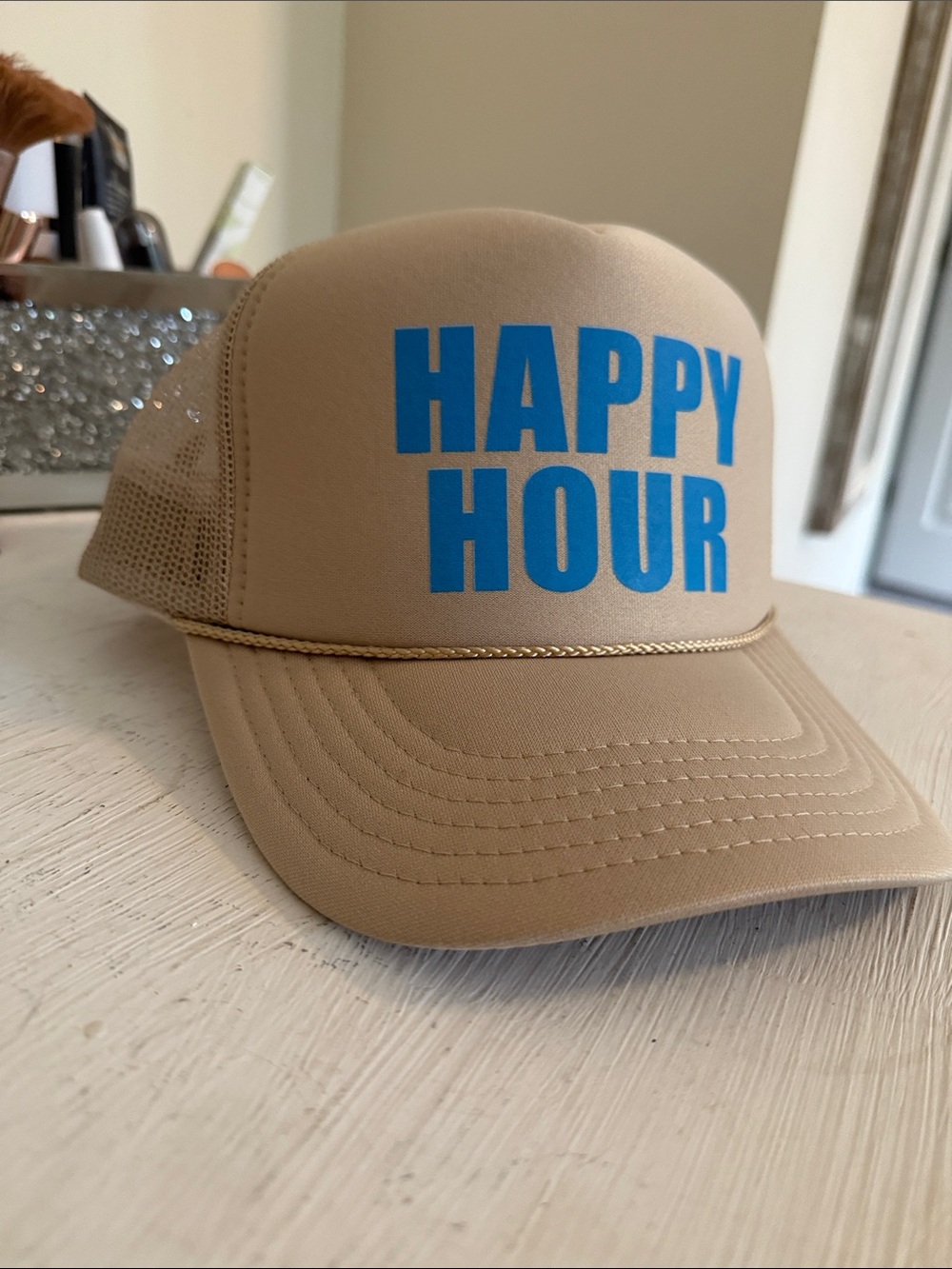 OTTO Beige Trucker Hat with Bright Blue HAPPY HOUR Print